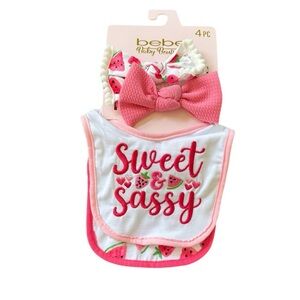Bebe Baby Boutique Pink Bib Watermelon Strawberry Embroidered Headband 4 PC Set